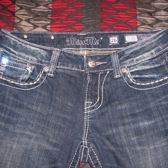Miss Me Jeans Size 26 x 33 Easy Boot Low Rise Denim Studs chains sequins - Picture 6 of 12